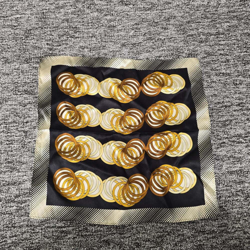 Vtg 100% Silk Pocket Square Mens Blazer Scarf Geometric Circles Gold Black Korea